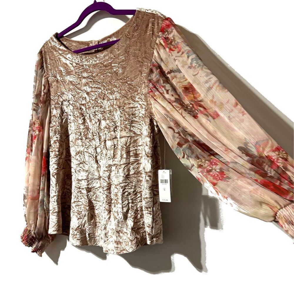 Anthropologie Meadow Rue Top M Pink crushed velvet Sheer Sleeve Blouse NWT